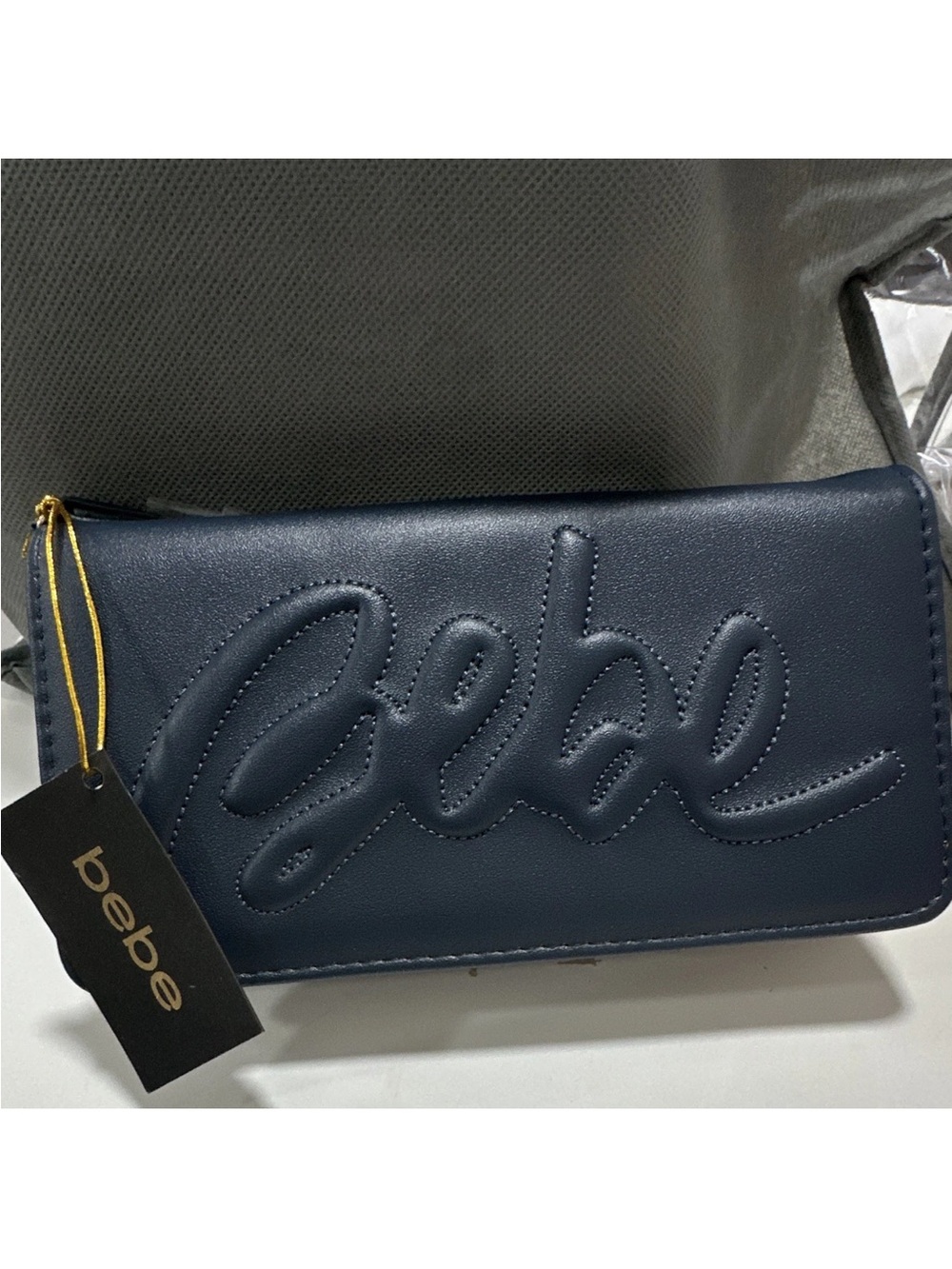 bebe Navy Quilted Script Logo Zip Wallet